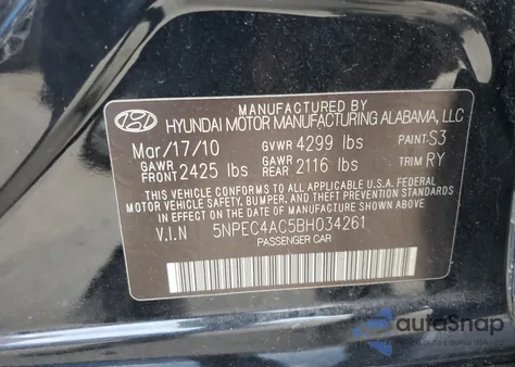 2011 Hyundai Sonata Se from USA, damaged, VIN 5NPEC4AC5BH034261